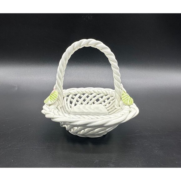 Vintage Basket Trinket Dish Cabo Spain SL Reticulated White Pink Flowers Repair - Picture 3 of 10